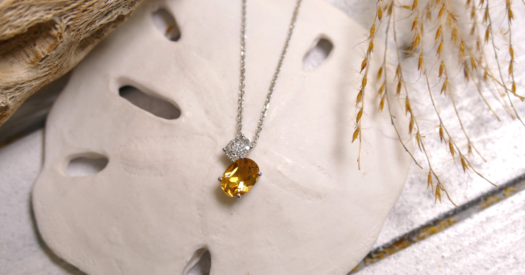 14k White Gold Oval Citrine Diamond Necklace