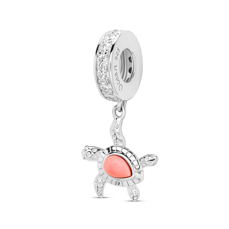Ocean - Sterling Silver - Con Shell Cubic Zirconia Turtle Dangle Charm