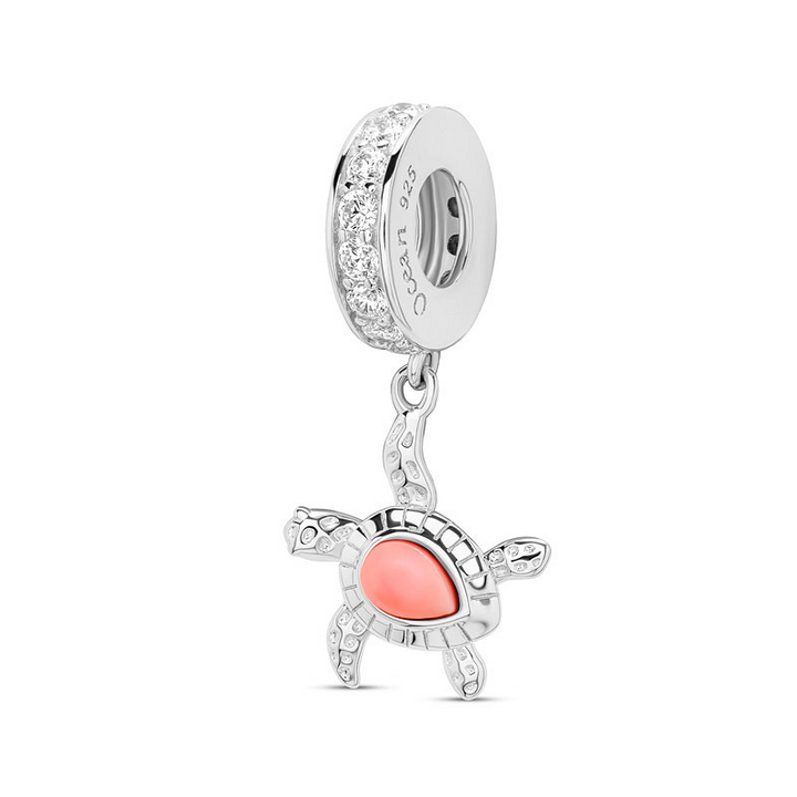 Ocean - Sterling Silver - Con Shell Cubic Zirconia Turtle Dangle Charm