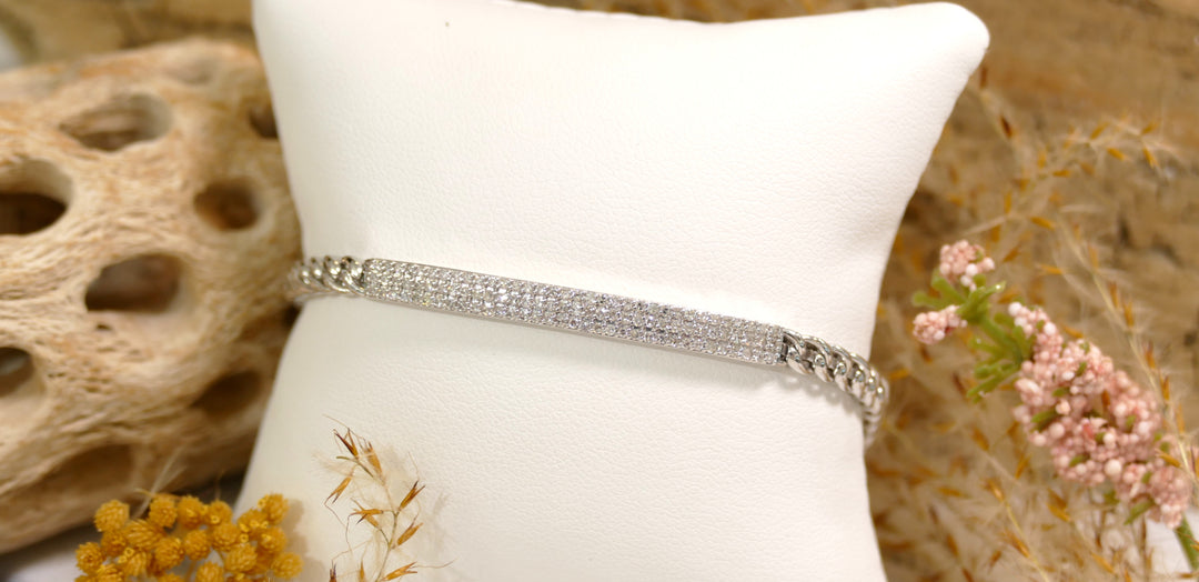 14k White Gold Micro Pave I.D + Cuban Link 1.00ct Diamond Chain Bracelet