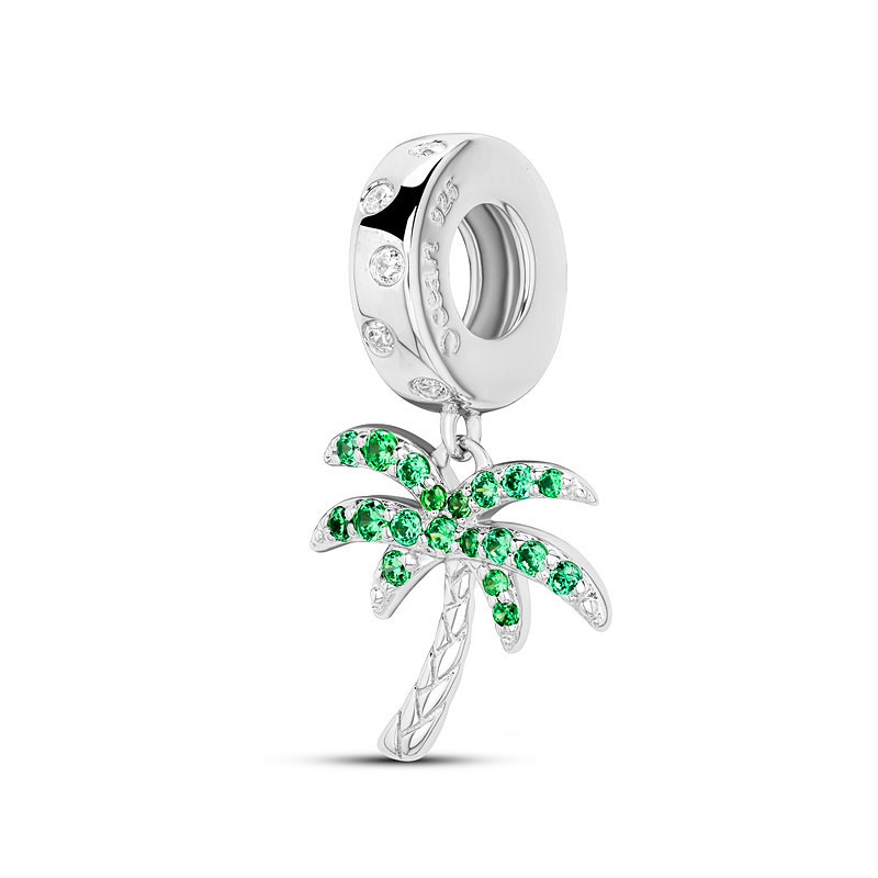 Ocean - Sterling Silver - Green Cubic Zirconia Palm Tree Dangle Charm