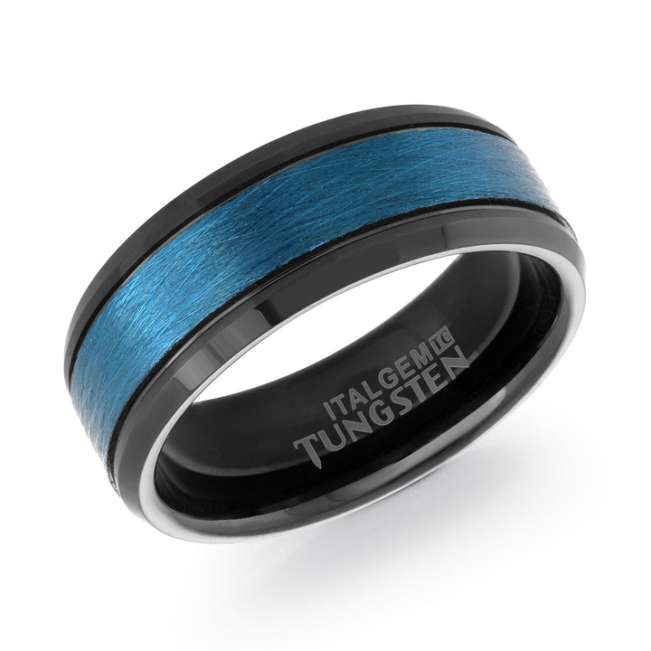 Italgem Steel - Tungsten - Black/Blue IP 8mm Band Ring (Size 9)
