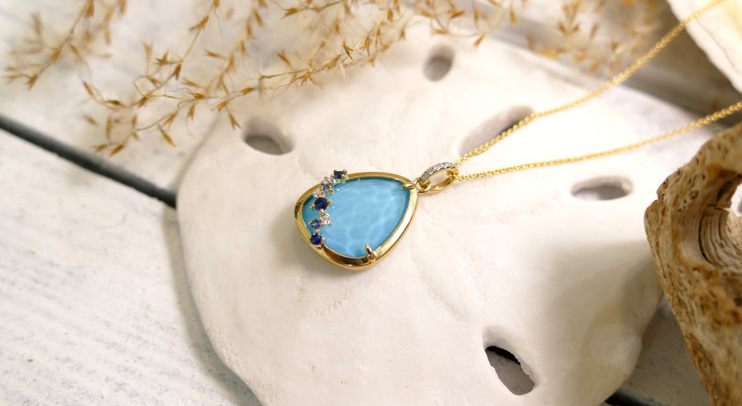 14k - Yellow Gold - Reversible - With Blue Sapphires - Pear Turquoise Pendant (Length 18")
