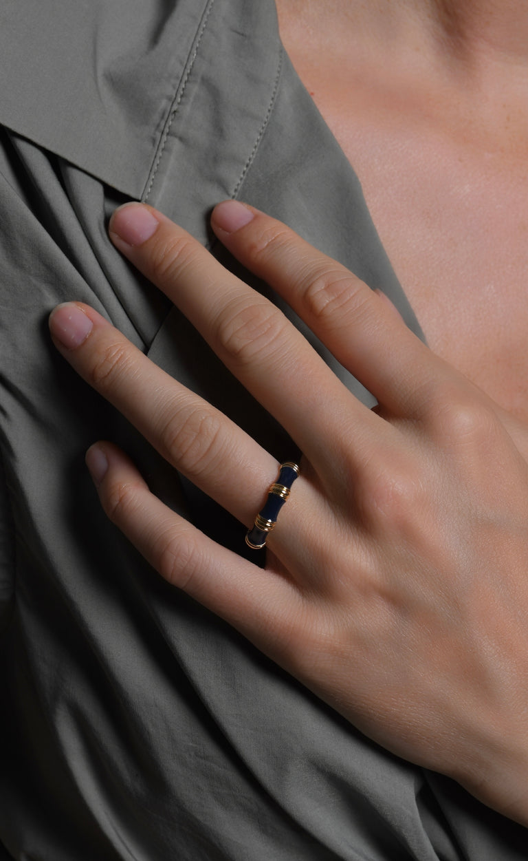 Anabel Arum - Brass - 18K Gold Plated Navy Blue Enamel Bamboo Ring (Size 8)