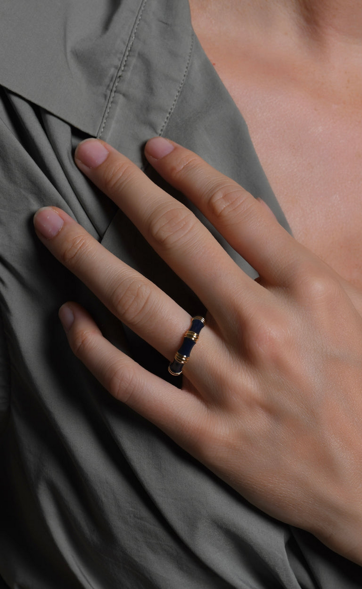 Anabel Arum - Brass - 18K Gold Plated Navy Blue Enamel Bamboo Ring (Size 8)