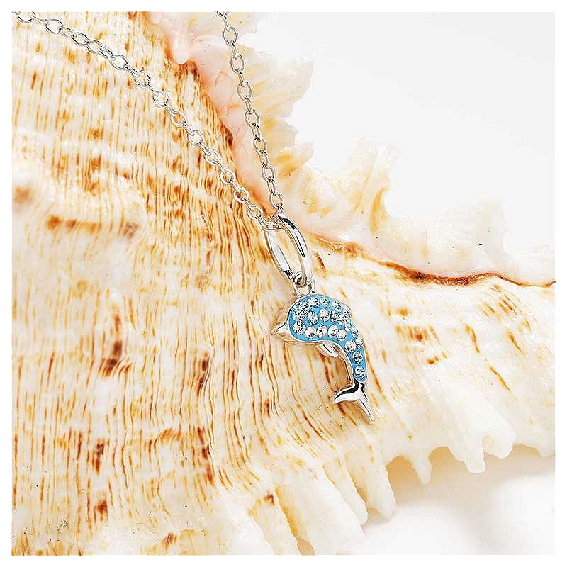 Ocean - Sterling Silver - Silver Aqua - Mini Crystal Dolphin Necklace