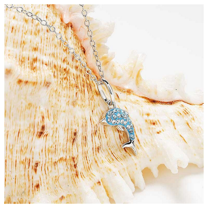 Ocean - Sterling Silver - Silver Aqua - Mini Crystal Dolphin Necklace