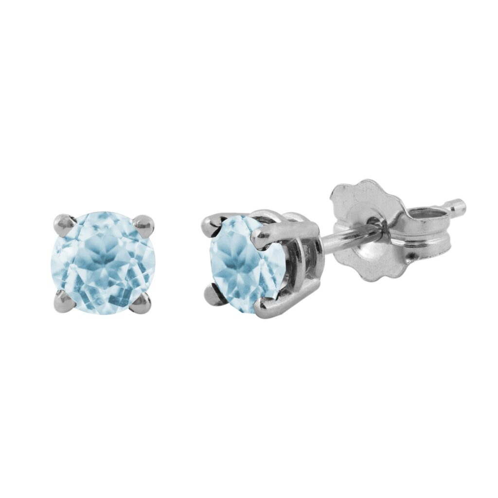 14k - White Gold Birthstone 4MM Round Aquamarine Stud Earrings