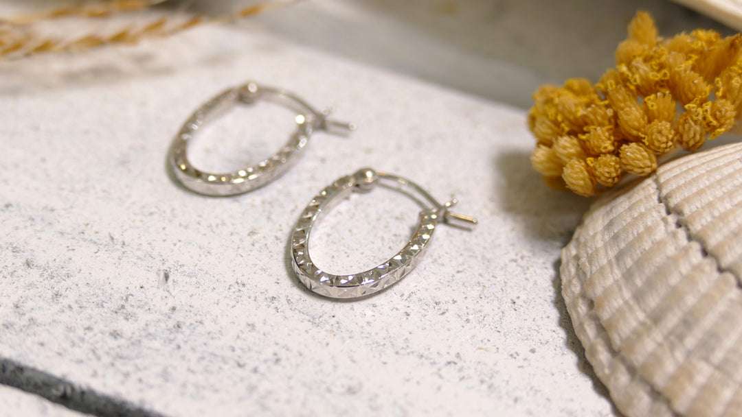14k White Gold Flat Oval + Diamond Cut Small Hoop Earrings