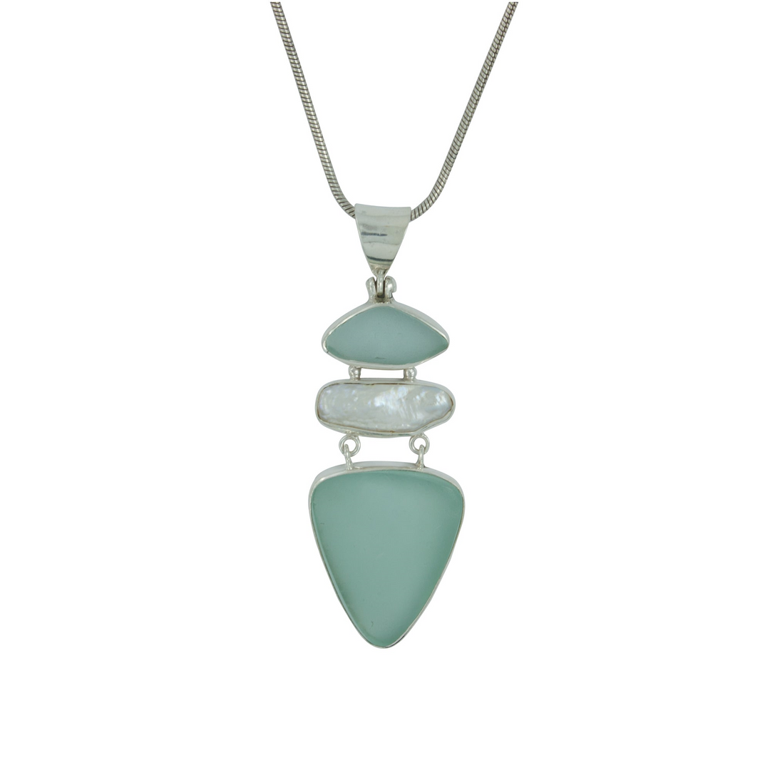 Exquisite Aqua Sea Glass Pendant with Biwa Pearl