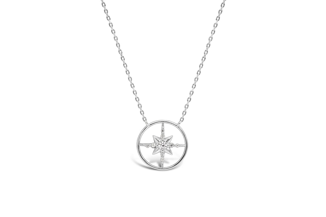Stia - Sterling Silver - Silver Cubic Zirconia Round 15-17" Compass Necklace