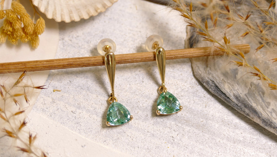 14k Yellow Gold Trillion Cut Caribbean Topaz Drop Post Dangle Earrings