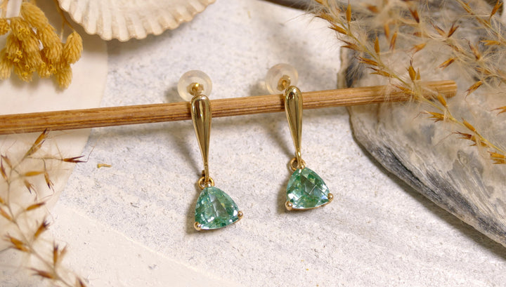 14k Yellow Gold Trillion Cut Caribbean Topaz Drop Post Dangle Earrings