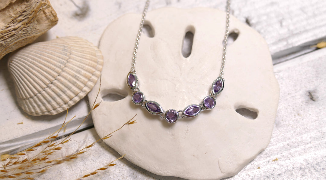 Sterling Silver - Silver Rhodium Multi Shape Amethyst Necklace 16-18"