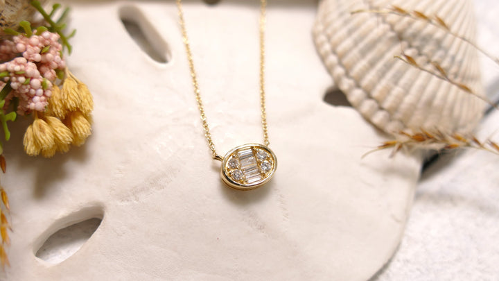 18k Yellow Gold Diamond .20ct Baguette Oval Necklace