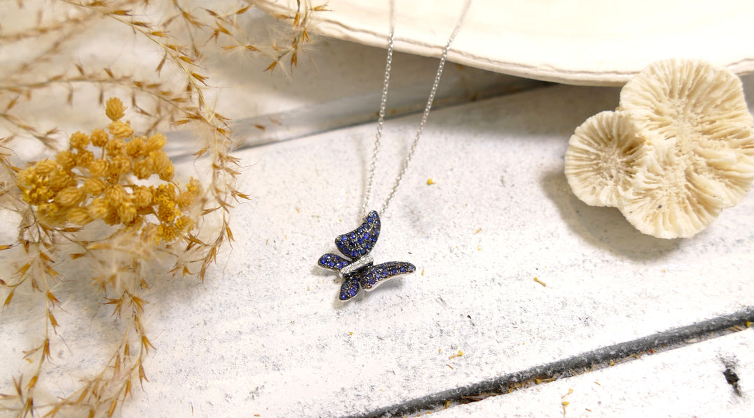 14k White Gold Sapphire Butterfly Necklace (Length 18")