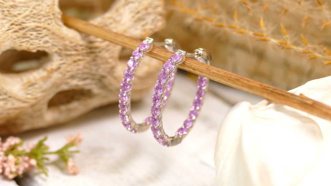 14k White Gold Oval Pink Sapphire In & Out Hoop Earrings