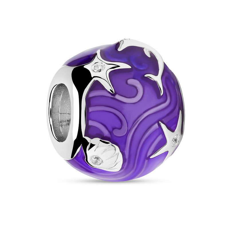 Ocean - Sterling Silver - Violet Enamel Round Cubic Zirconia Sea Life Bead Charm