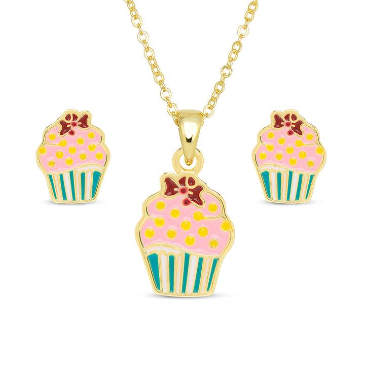 Lily Nily - Stainless Steel - 18K Gold Plated Pink & Green Enamel 14-16" Cupcake Necklace/Earring Set
