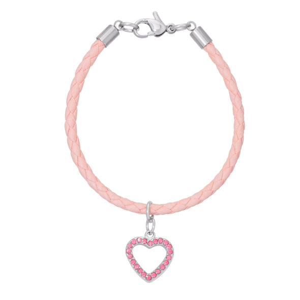 Lily Nily - Sterling Silver - Silver Pink Crystal Heart 6" Leather Bracelet