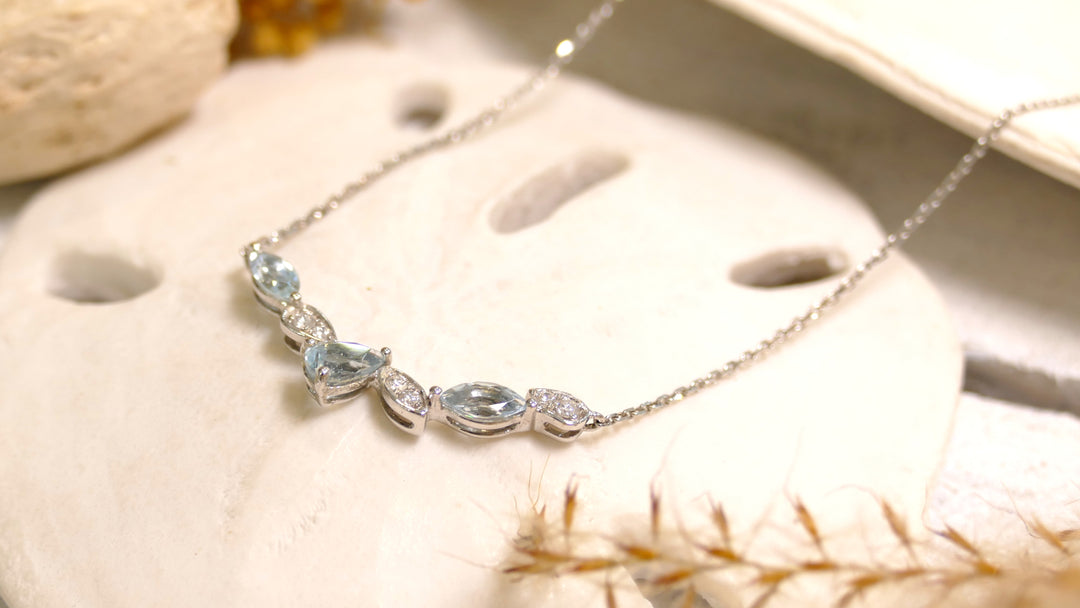 14k White Gold Marquis & Pear - Aquamarine 0.10ct Diamond Necklace