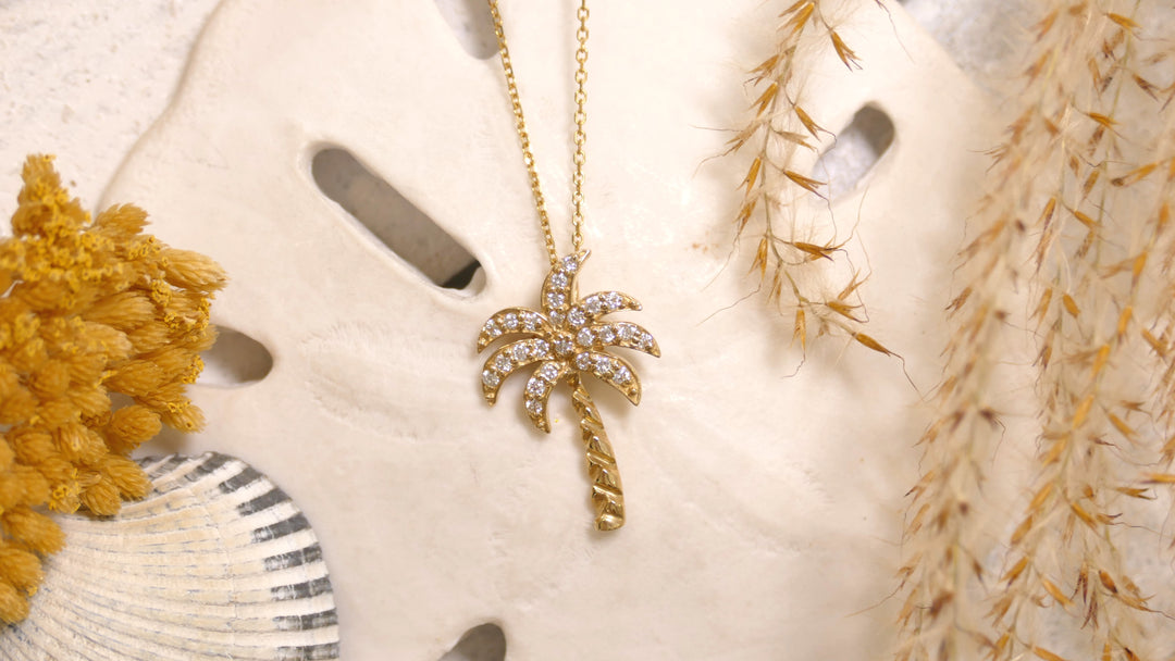 14k - Yellow Gold 0.25ct Natural Diamond Palm Tree Pendant (18" Chain)