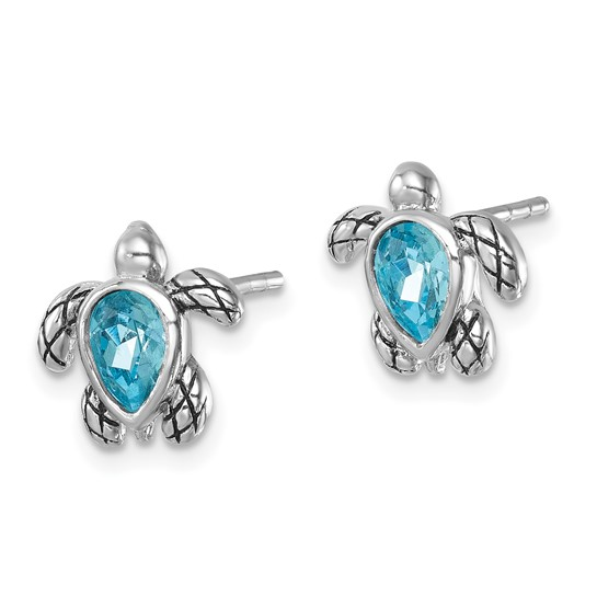 Sterling Silver - Silver March Birthstone Crystal Turtle Stud Earrings