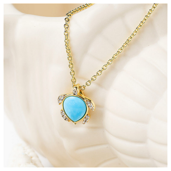 Ocean - Sterling Silver - Gold Vermeil White Lab Sapphire Turquoise Turtle Necklace