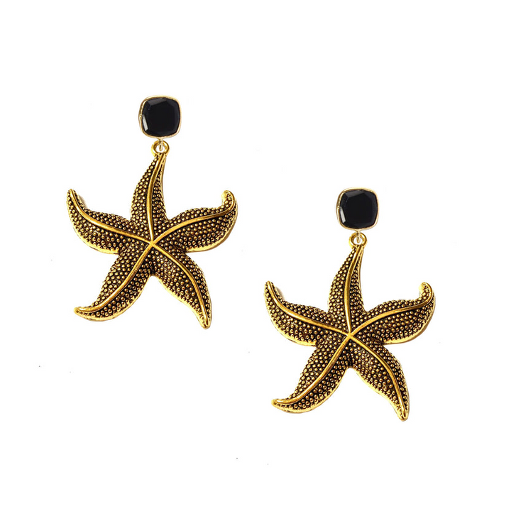 Adriana Pappas - Brass - Gold Statement Black Onyx Starfish Drop Earrings