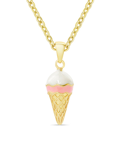 Lily Nily - Brass - 18K Gold Plated -Pink & White- Enamel Ice Cream Cone Necklace 14-16"