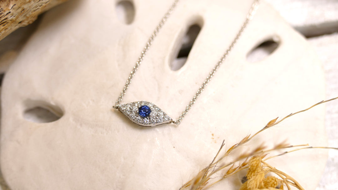 14k White Gold Diamond 0.16ct Evil Eye 0.08ct Blue Sapphire Necklace