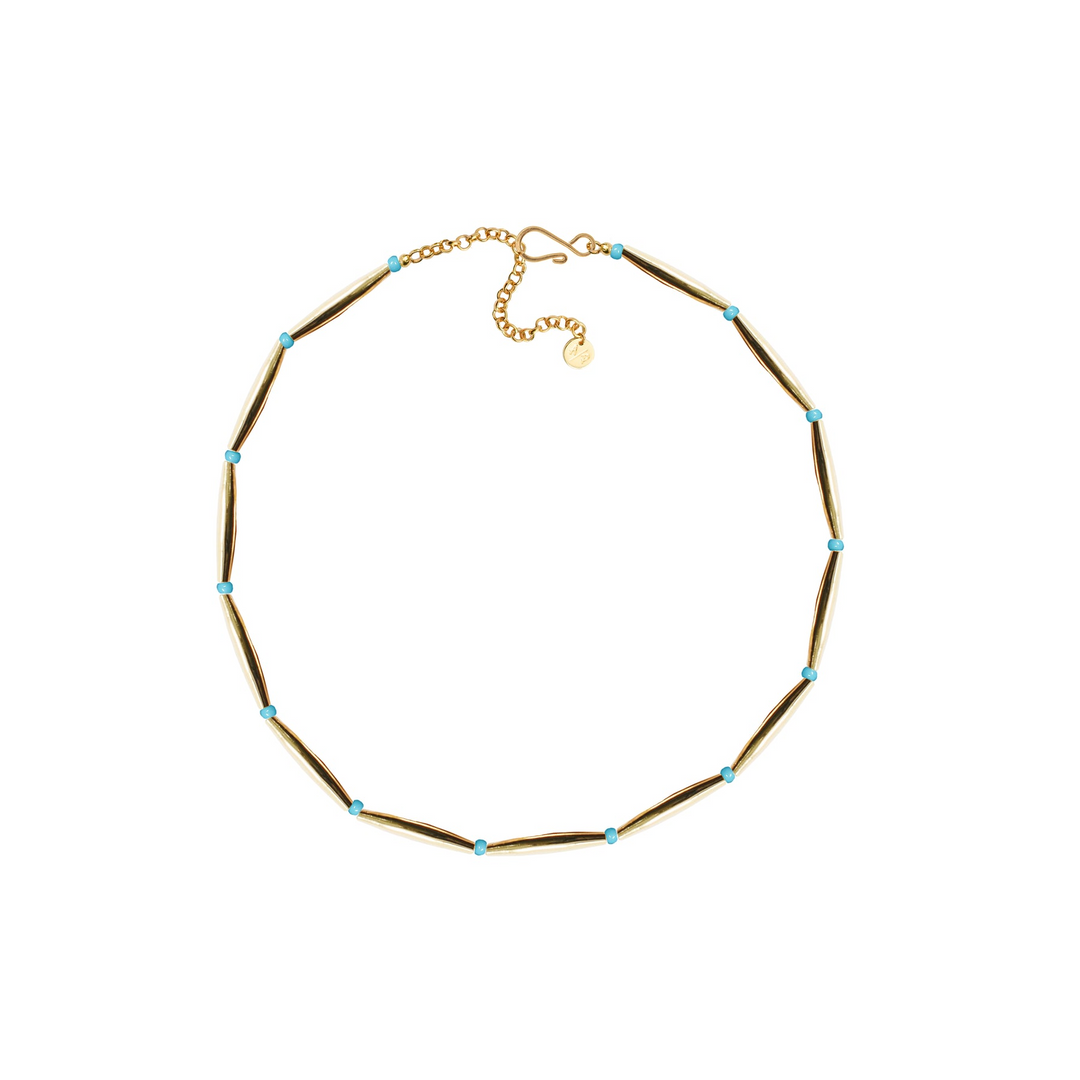 Adriana Pappas - Brass - 14K Gold Plated - Turquoise & Tubes - Glass Bead Necklace 16-20"