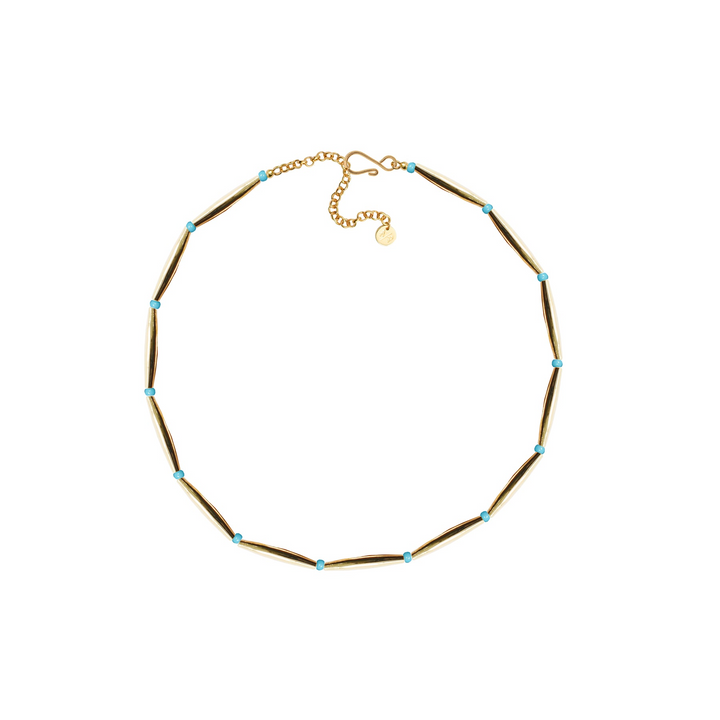 Adriana Pappas - Brass - 14K Gold Plated - Turquoise & Tubes - Glass Bead Necklace 16-20"