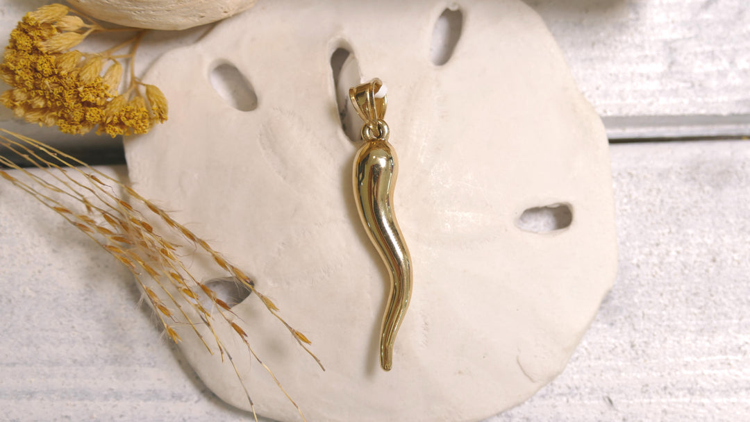 14k - Yellow Gold Hollow - Large Italian Horn Pendant