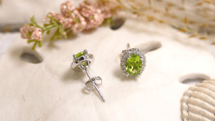 14k White Gold Oval 0.28ct Peridot Diamond Halo Stud Earrings