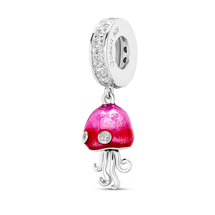 Ocean - Sterling Silver - Pink Enamel Cubic Zirconia Jellyfish Dangle Charm