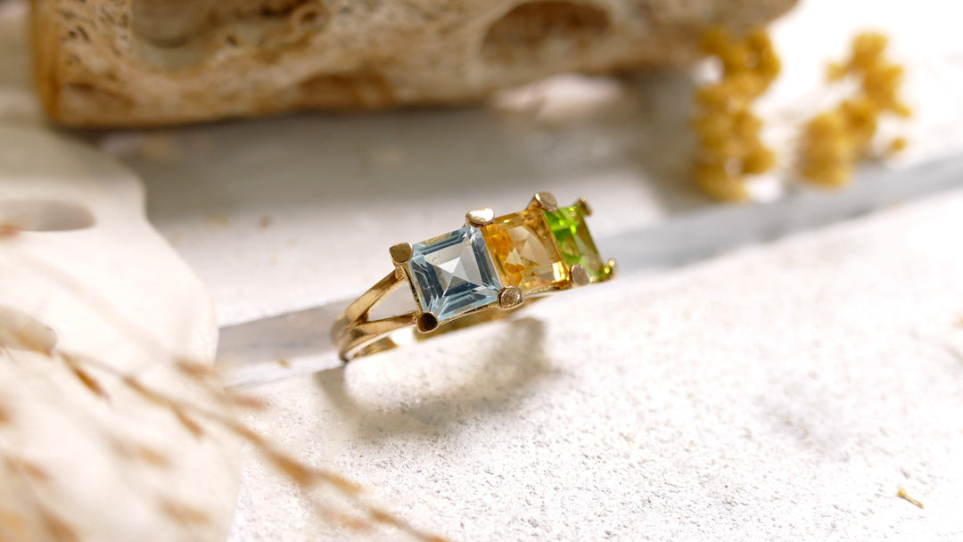 Sterling Silver - 14K Gold Plated Peridot, Citrine, Topaz Ring (Size 6)