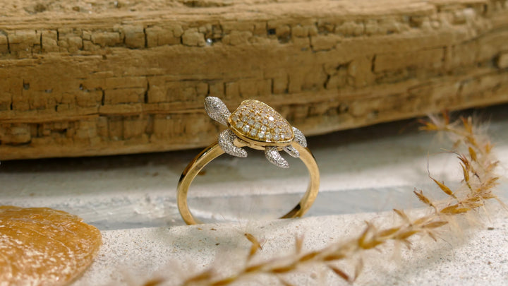14K Two Tone 0.17ct Natural Diamond Turtle Ring