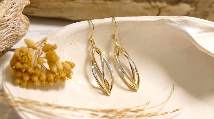 14k Two Tone Twisted Oval Drop Earrings
