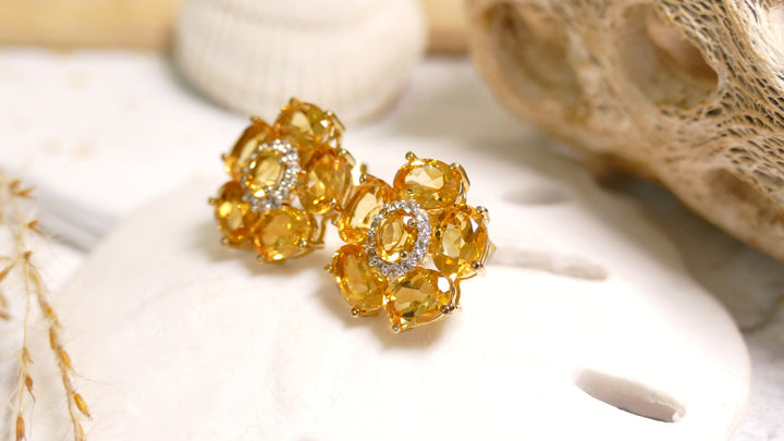 Sterling Silver - 14K Gold Plated CZ Halo 5.5ct Flower Citrine Statement Earrings