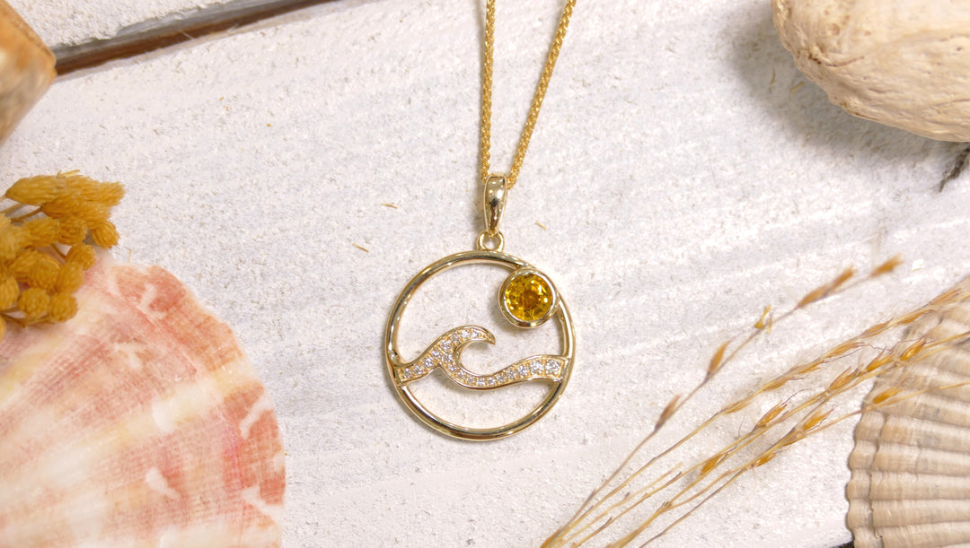 14k - Yellow Gold "Sunrise" 0.08ct Natural Diamonds Round Topaz Wave Pendant