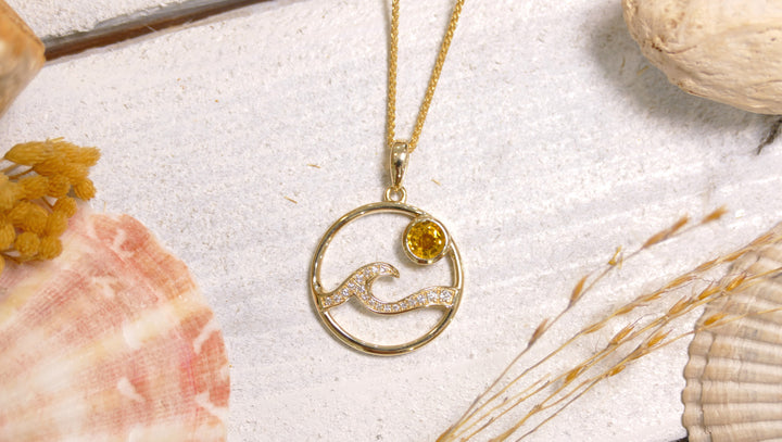 14k - Yellow Gold "Sunrise" 0.08ct Natural Diamonds Round Topaz Wave Pendant