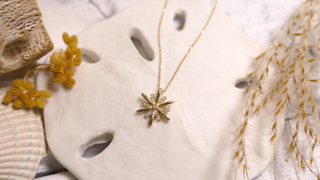 14k Yellow Gold Diamond Sunburst Sun Necklace