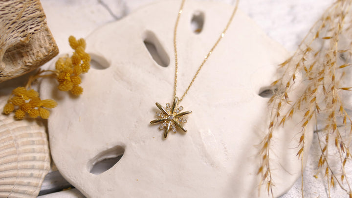 14k Yellow Gold Diamond Sunburst Sun Necklace