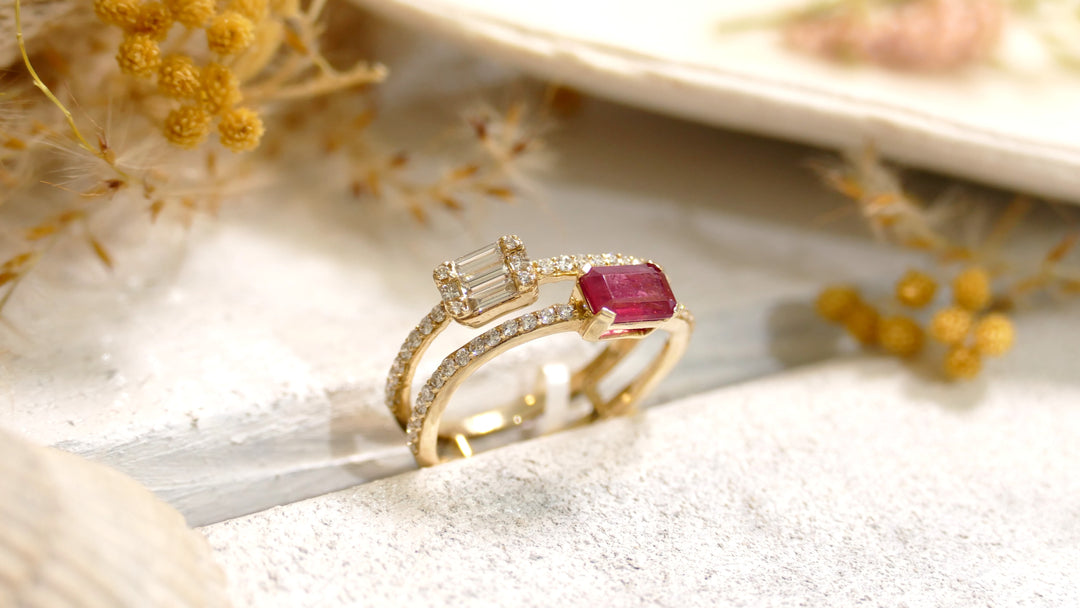 14k Yellow Gold Ruby Natural Diamonds 0.26ct Emerald Cut Double Wave Ring