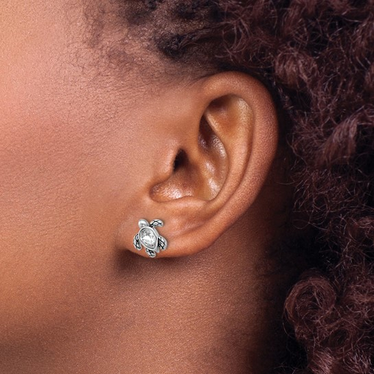 Sterling Silver - Silver April Birthstone Crystal Turtle Stud Earrings