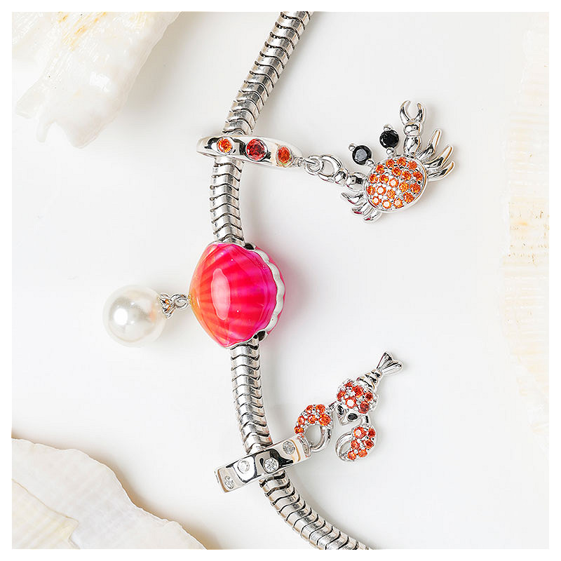 Ocean - Sterling Silver - Pink/Orange Enamel Pearl Shell Bead Charm