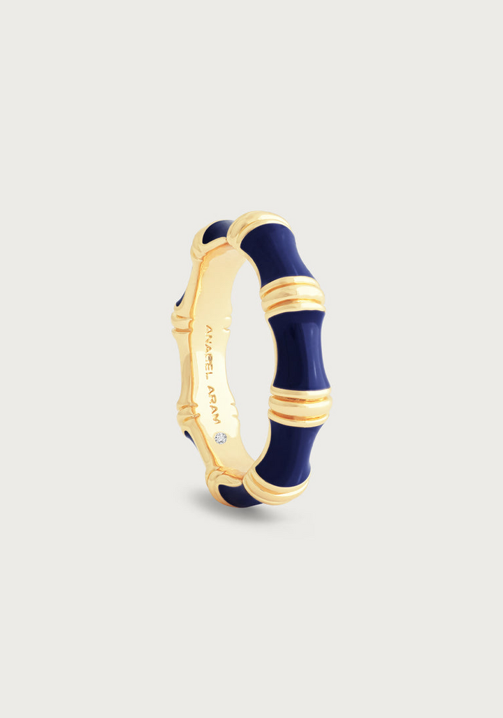 Anabel Arum - Brass - 18K Gold Plated Navy Blue Enamel Bamboo Ring (Size 7)