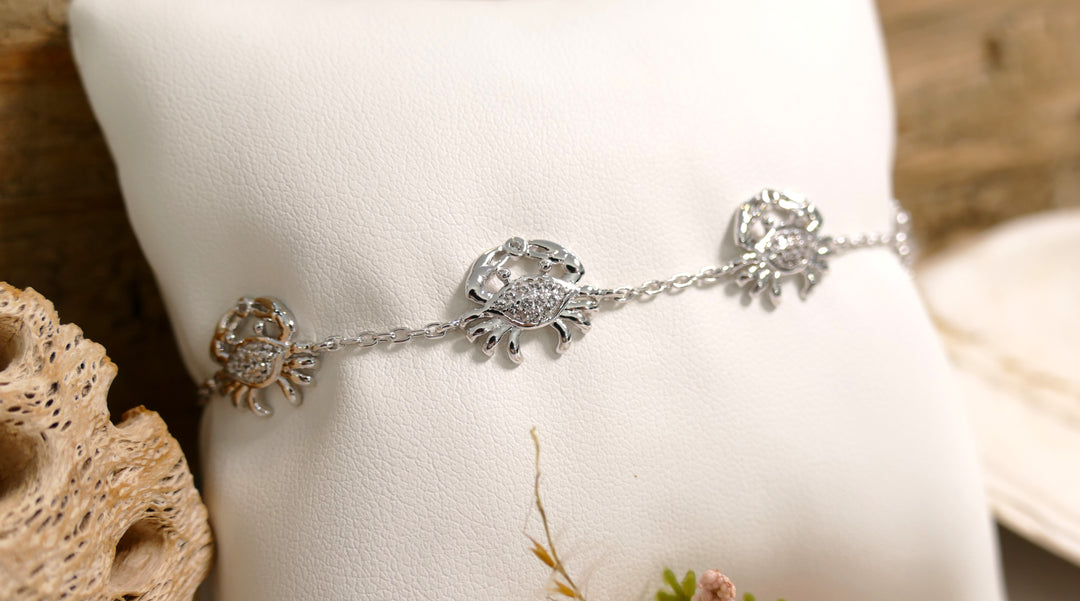 Sterling Silver - Silver White Topaz Crab Chain Bracelet 6.5" + 1