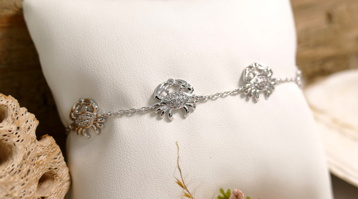 Sterling Silver - Silver White Topaz Crab Chain Bracelet 6.5" + 1